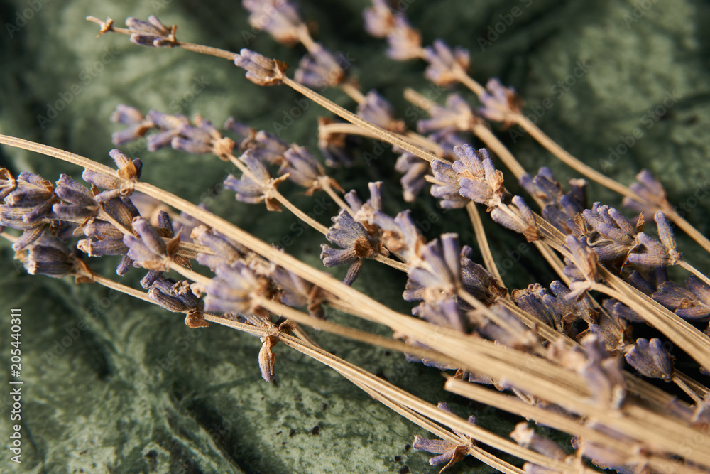 Dry violet color flowers on green marble background, close-up Dry violet color flowers on green marble background, close-up