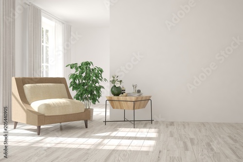 Inspiration of white minimalist room with armchair. Scandinavian interior design. 3D illustration