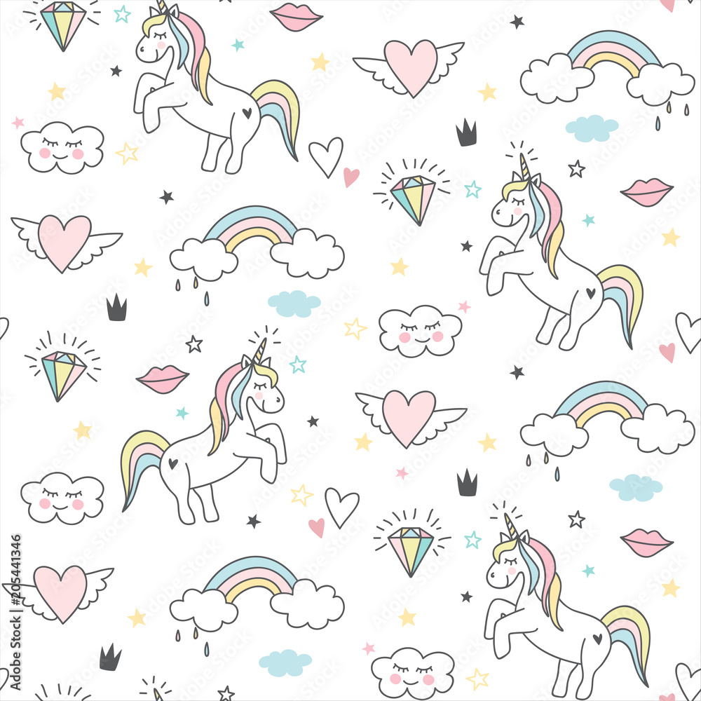 Seamless cute unicorn pattern with stars, rainbow, clouds and hearts. Magical baby background Seamless cute unicorn pattern with stars, rainbow, clouds and hearts. Magical baby background