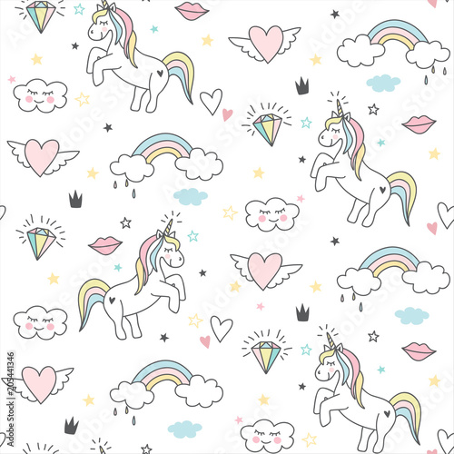 Seamless cute unicorn pattern with stars, rainbow, clouds and hearts. Magical baby background