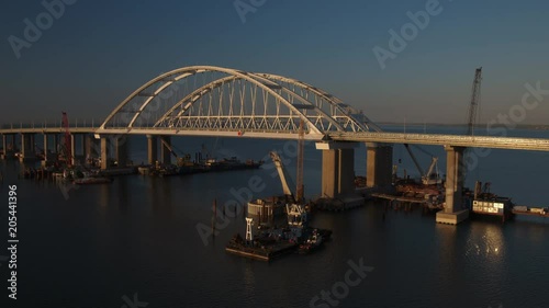 KERCH, RUSSIA, May 16, 2018: Aerial view of The Crimean Bridge, Kerch Bridge, colloquially the Kerch Strait Bridge with road and rail passages across the Kerch Strait, which will connect the Taman