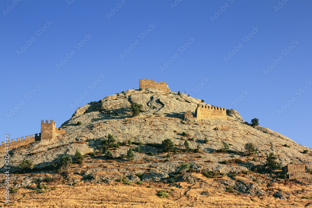  View of the Genoese fortress in Sudak at sunset