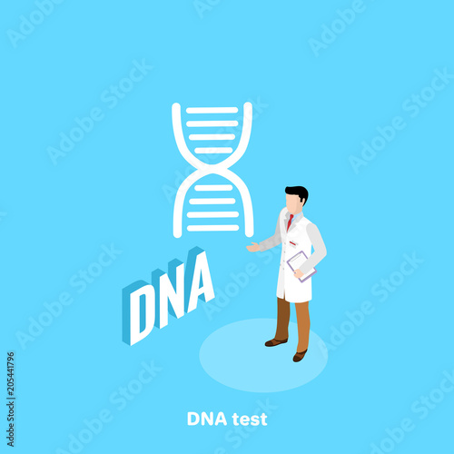 man in white coat and dna icon, doctor on blue background, isometric image
