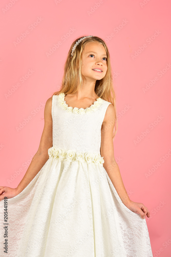 Little girl in fashionable dress, prom. little girl or kid in white wedding dress. Little girl in fashionable dress, prom. little girl or kid in white wedding dress.
