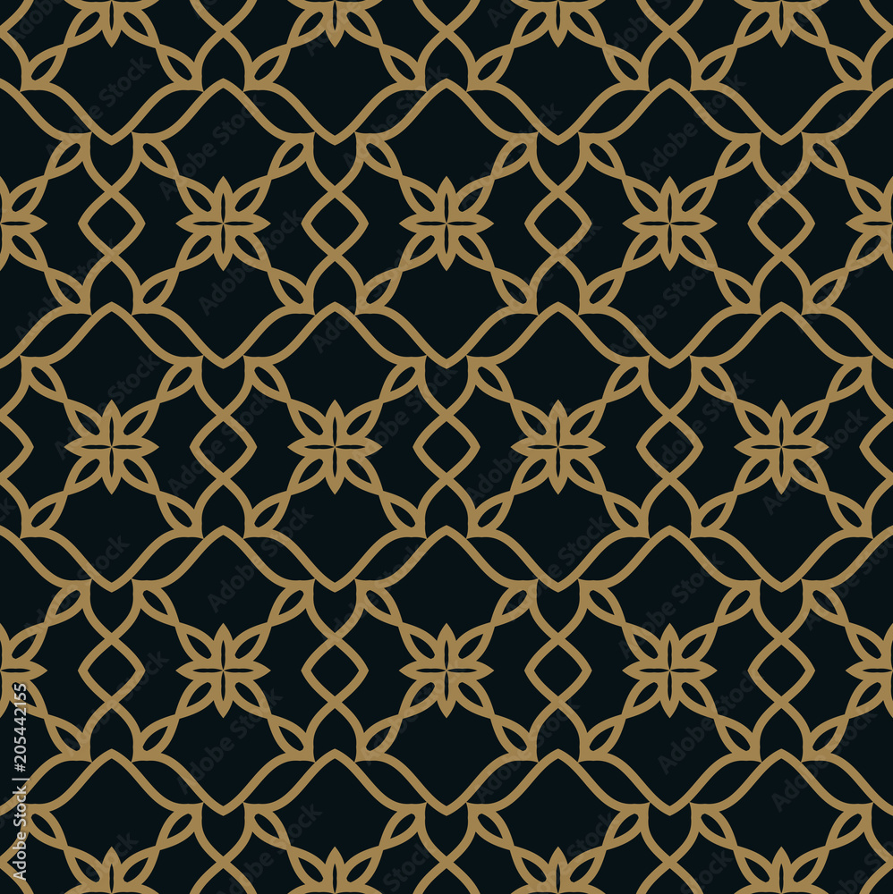 Seamless pattern of intersecting thin gold lines on black background. Abstract seamless ornament. Seamless pattern of intersecting thin gold lines on black background. Abstract seamless ornament.