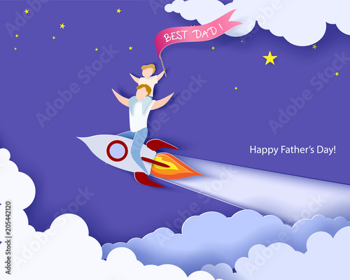 Handsome man with his son on rocket. Happy fathers day card. Paper cut style. Vector illustration