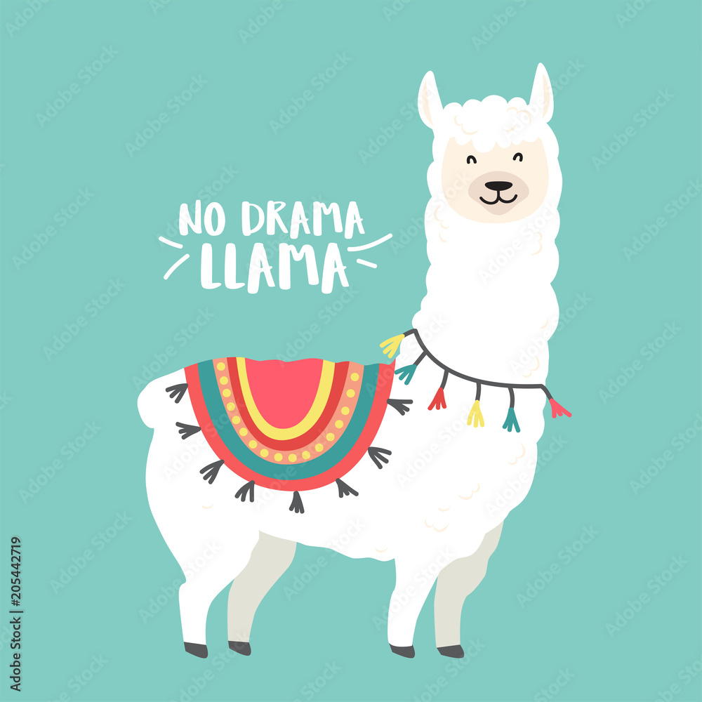 Cute cartoon llama vector design with No prob llama motivational quote - obrazy, fototapety, plakaty 