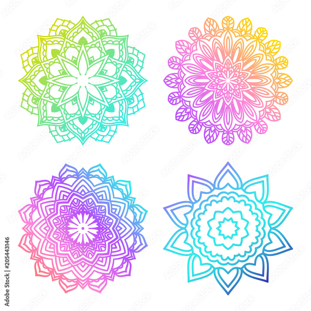 A set of bright mandalas with gradient of acid color. Circular ornaments in turquoise, pink, purple, blue, yellow, green colors. Yoga template.