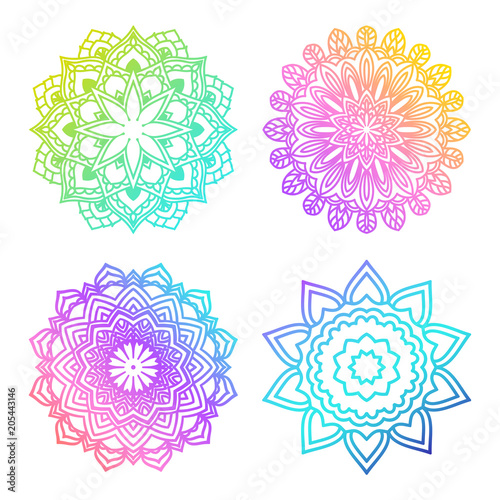 A set of bright mandalas with gradient of acid color. Circular ornaments in turquoise, pink, purple, blue, yellow, green colors. Yoga template.