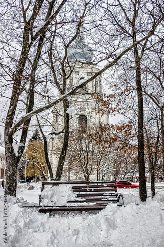 lonely church is very snowy in winter
