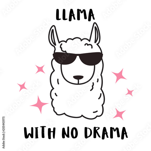 Llama with no drama motivational quote with cute cartoon doodle llama character vector design. Drawn llama head portrait sticker, patch badge