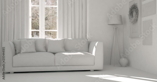 White room with sofa. Scandinavian interior design. 3D illustration