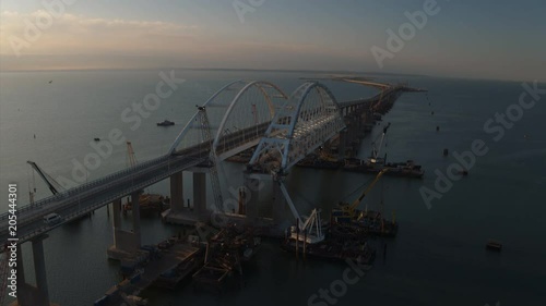 KERCH, RUSSIA, May 16, 2018: Aerial view of The Crimean Bridge, Kerch Bridge, colloquially the Kerch Strait Bridge with road and rail passages across the Kerch Strait, which will connect the Taman