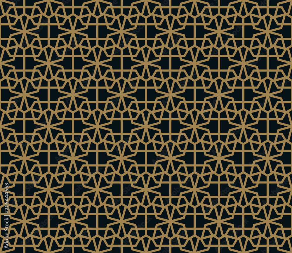 Seamless pattern of intersecting thin gold lines on black background. Abstract seamless ornament. Seamless pattern of intersecting thin gold lines on black background. Abstract seamless ornament.