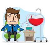 Illustration of an executive office mascot, donating blood. Ideal for awareness raising and encouragement of blood donation