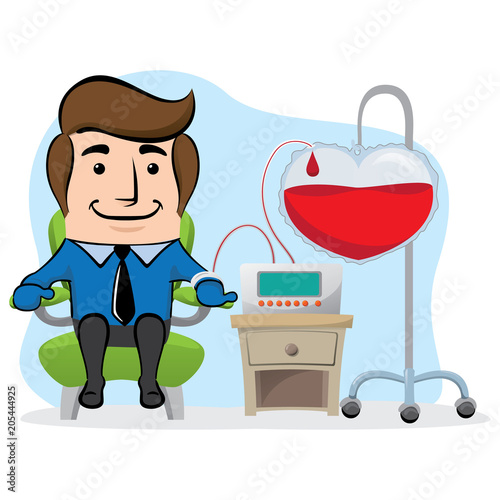 Illustration of an executive office mascot, donating blood. Ideal for awareness raising and encouragement of blood donation