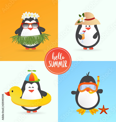 Cute summer penguin characters - Set summer of cartoon vector illustrations