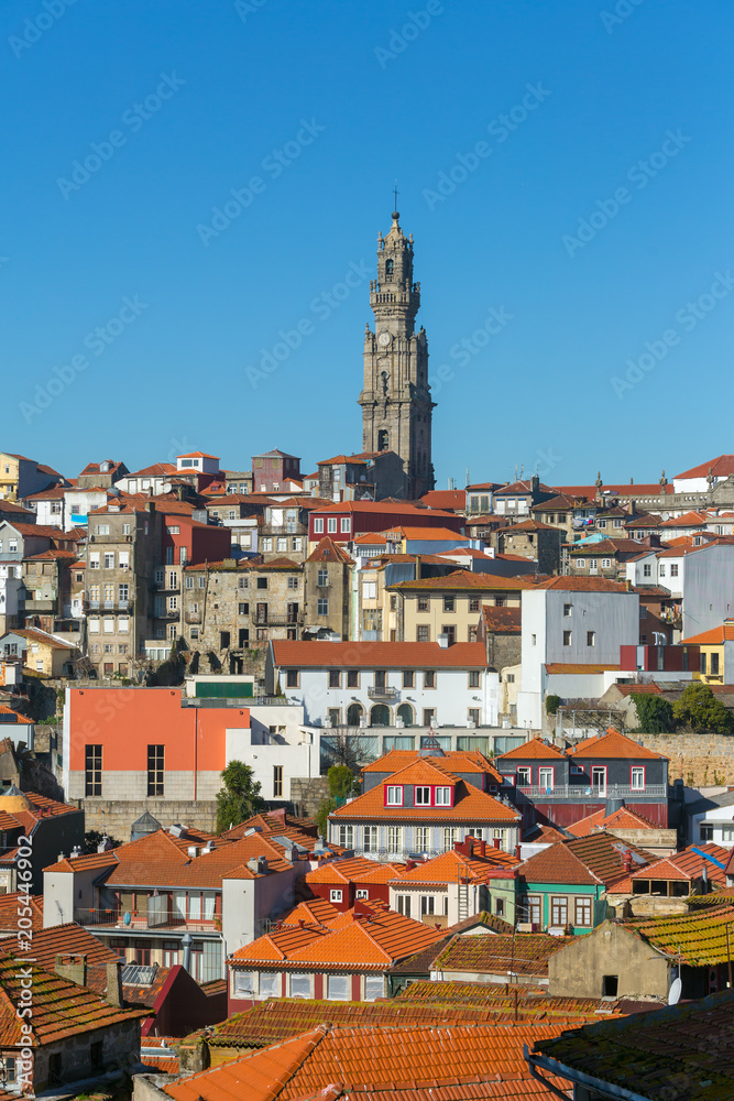 Day view of the old town of Porto dominated by Torre dos Clerigos tower, Portugal.