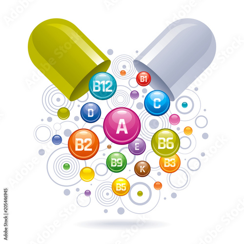 Medical vitamin, mineral background. Multivitamin complex of pill capsule, color vitamins bubbles moving down with names for dietary supplement and healthy lifestyle.