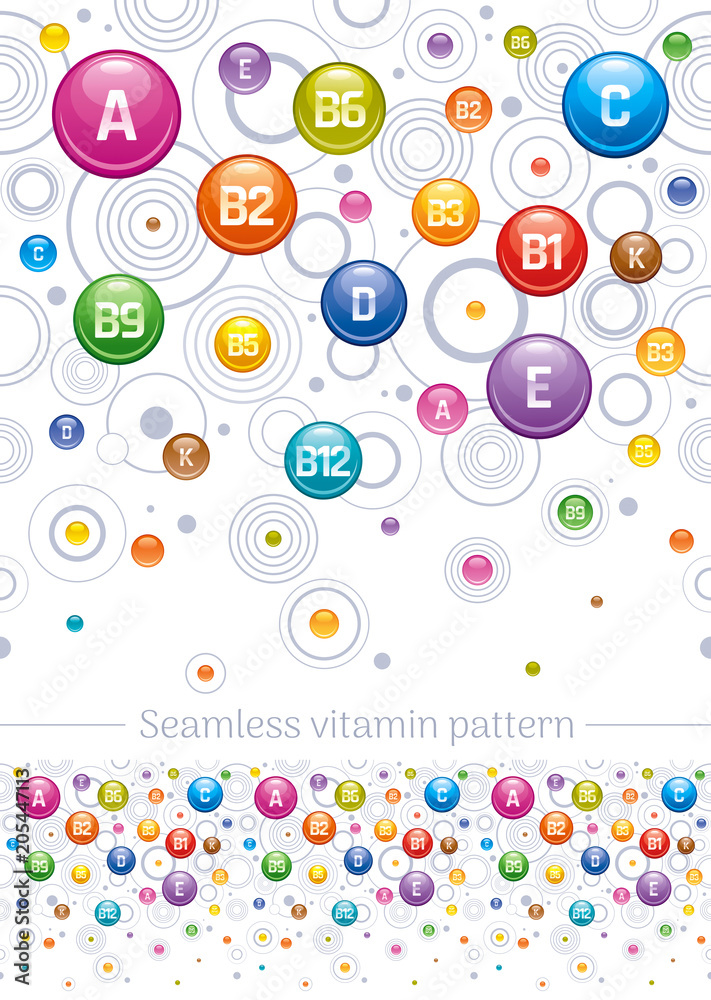 Seamless A B C D E K vitamin mineral pattern. Pharmacy medical poster