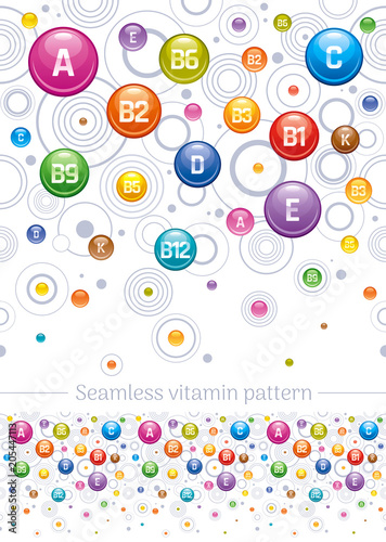 Seamless A B C D E K vitamin mineral pattern. Pharmacy medical poster idea, health concept. Vector illustration clip art design. Flat rainbow color icon set isolated white background. Repeat wallpaper