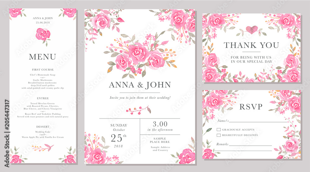 Set of wedding invitation card templates with watercolor rose flowers. Set of wedding invitation card templates with watercolor rose flowers.