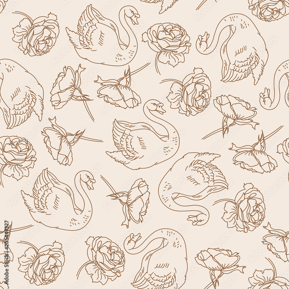 Hand drawn swans and peonies. Hand drawn swans and peonies.