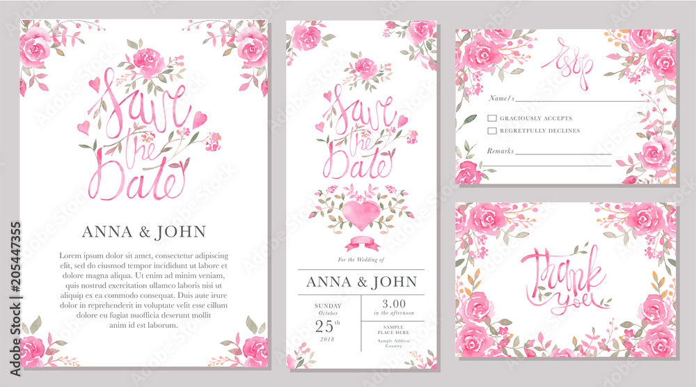 Set of wedding invitation card templates with watercolor rose flowers.
