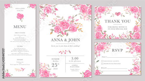 Set of wedding invitation card templates with watercolor rose flowers.