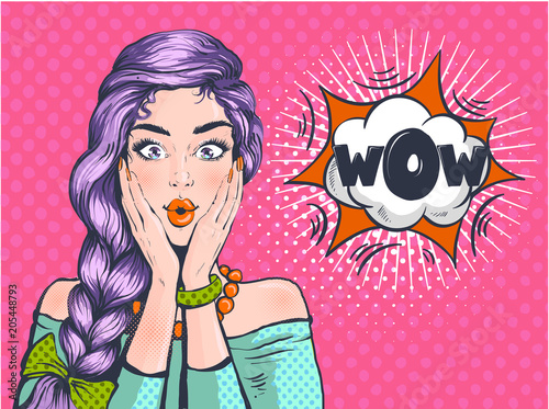 Wow Pop art surprised woman beautiful face with open mouth and bright violet hair on dotted background. Comic woman with speech bubble. Vector illustration.