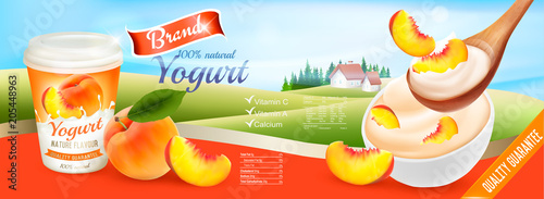 Fruit yogurt with peach advert concept. Yogurt flowing into a cup with fresh peach. Design template. Vector.