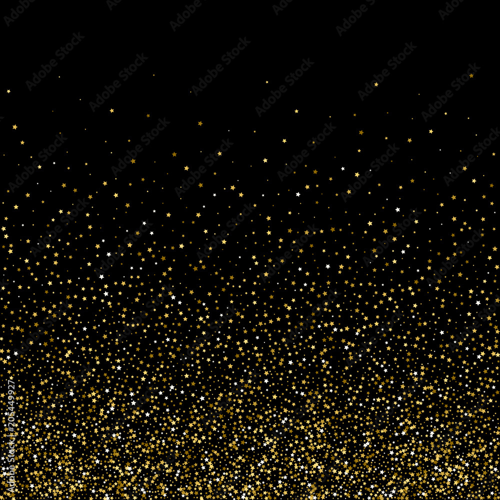 Gold star confetti rain festive holiday background. Vector golden paper foil stars falling down isolated on black background.