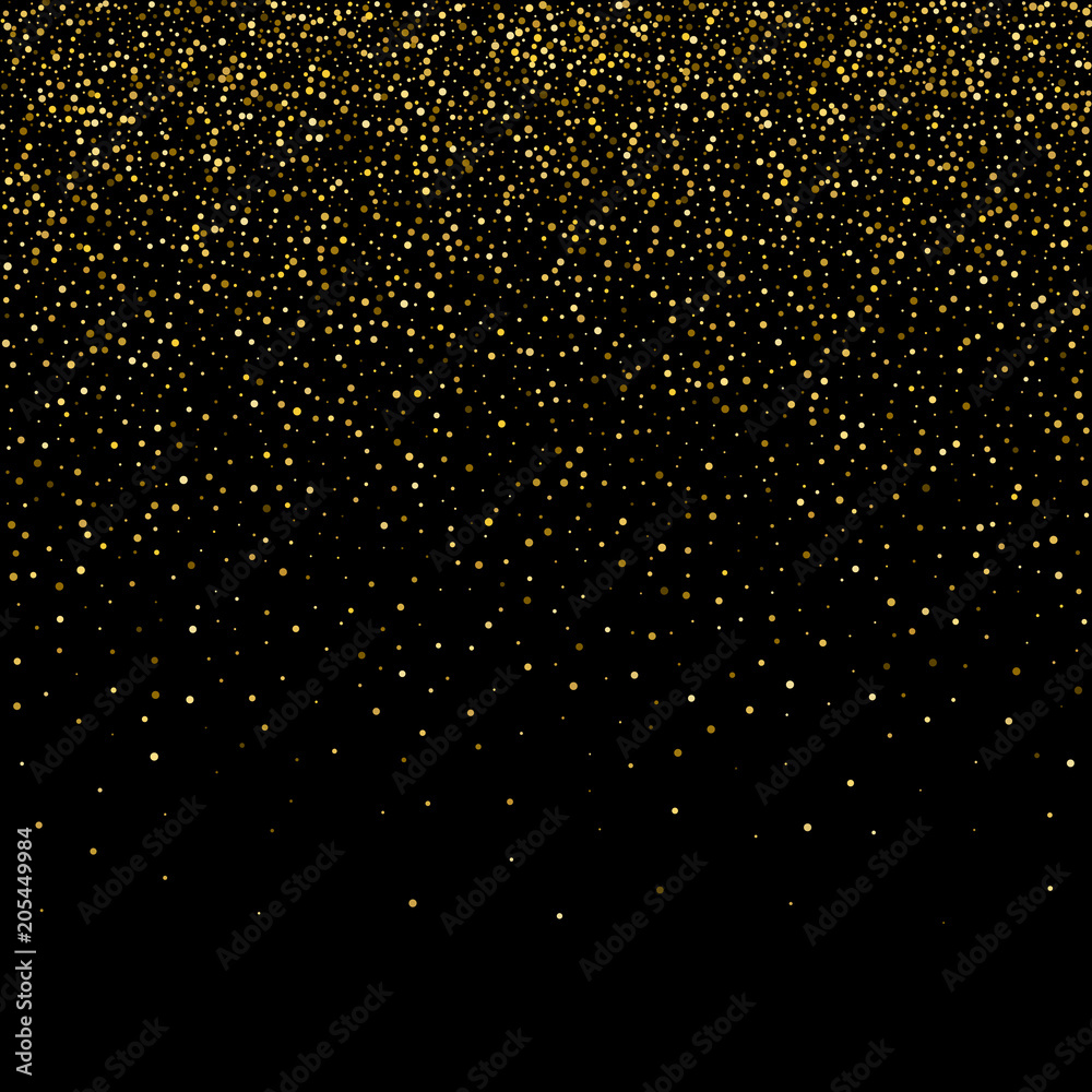 Golden glitter sparkle bubbles champagne particles stars on black background, happy new year holiday concept