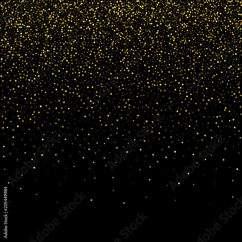 Golden glitter sparkle bubbles champagne particles stars on black background, happy new year holiday concept