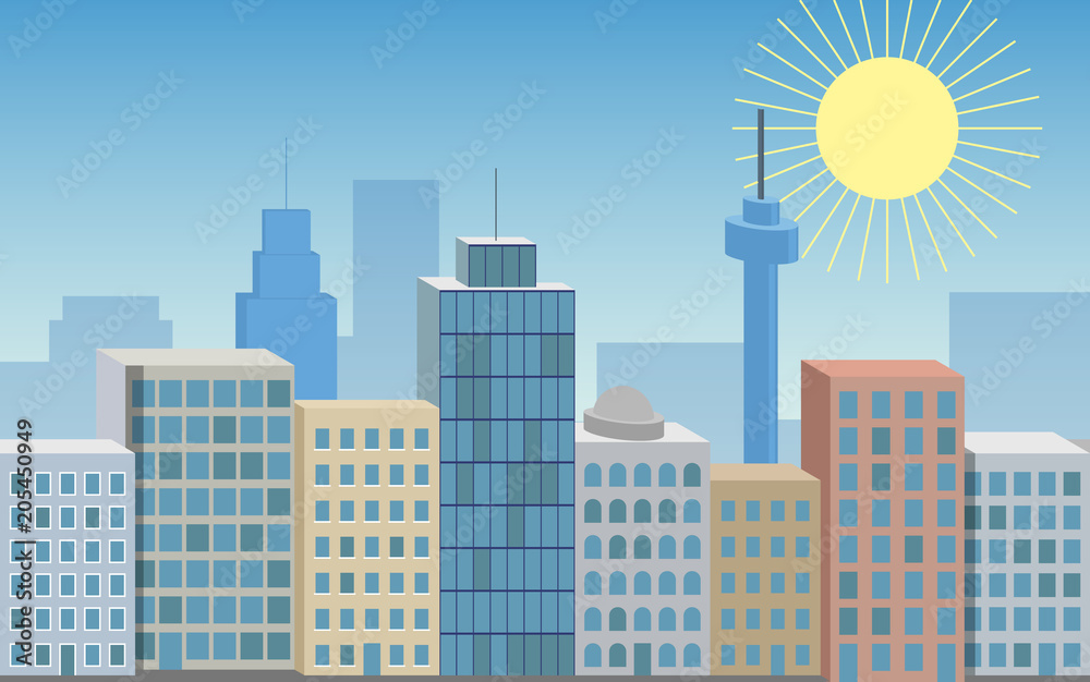 Vector colored seamless 3D illustration of big city with shining sun.