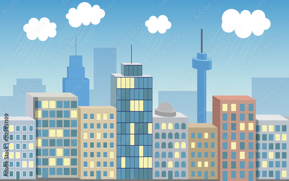 Vector colored seamless 3D illustration of big city with raining clouds.