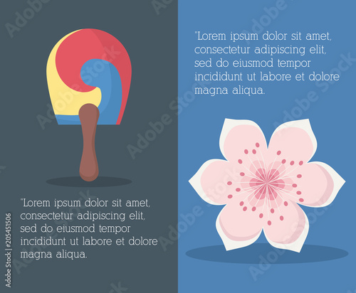 Infographic of south korea design with blossom flower and toy over gray and blue background, colorful design. vector illustration