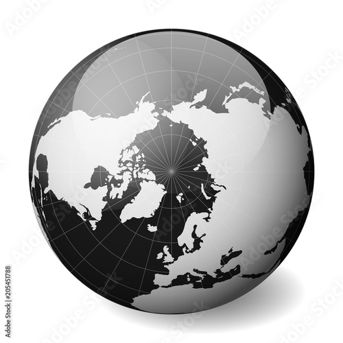 Black Earth globe focused on Arctica. With thin white meridians and parallels. 3D glossy sphere vector illustration.