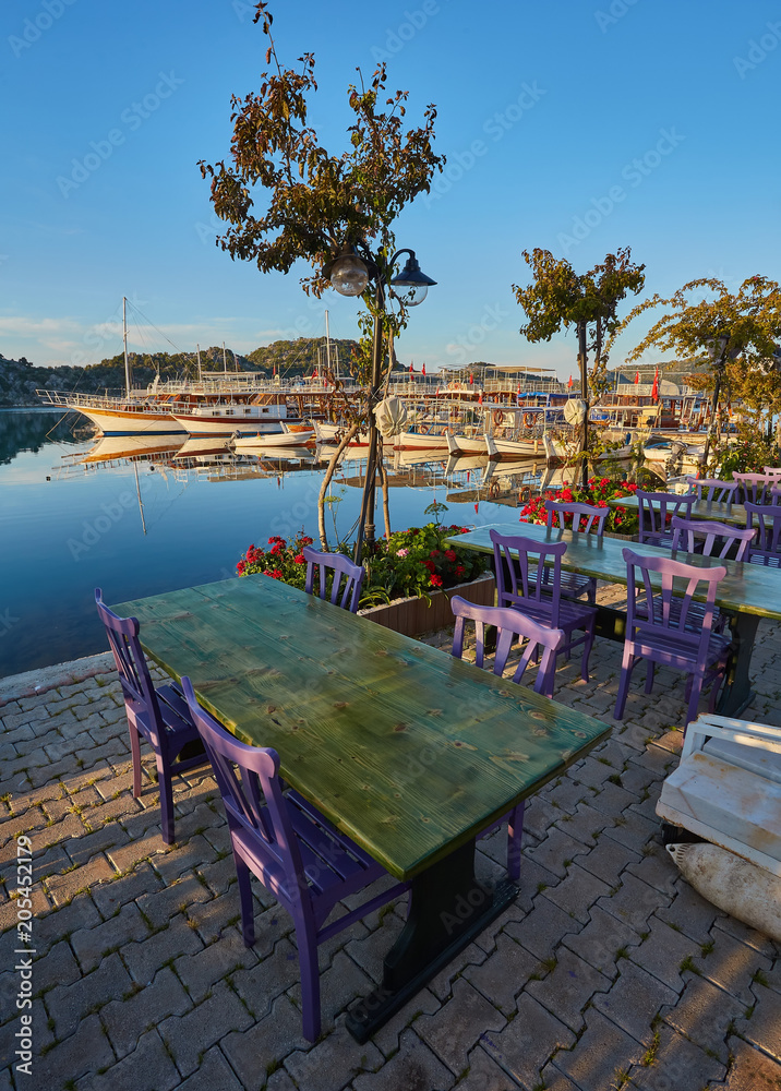restaurant with a great view on mediterranean seascape, Kekova, Turkey