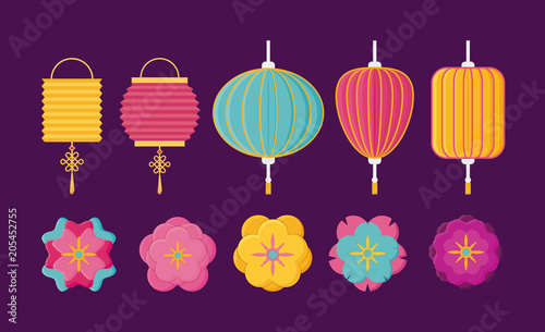 icon set of Chinese lanterns and flowers over purple background, colorful design. vector illustration