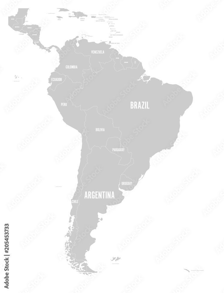 Political map of South America. Simple flat vector map with country name labels in grey.