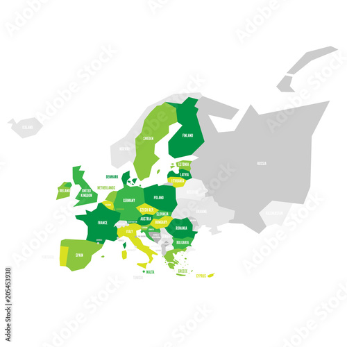 Political map of Europe with green highlighted 28 European Union, EU, member states. Simple flat vector illustration.