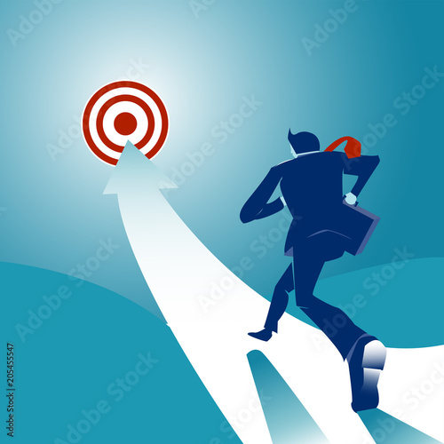 Businessman running to the target. Concept business vector illustration.Reach to GOAL!     Big city background.  