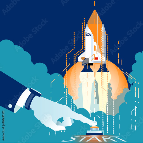 Start Rocket.Start Up. Businessman pushing the start button in the digital matrix style. Concept business vector illustration