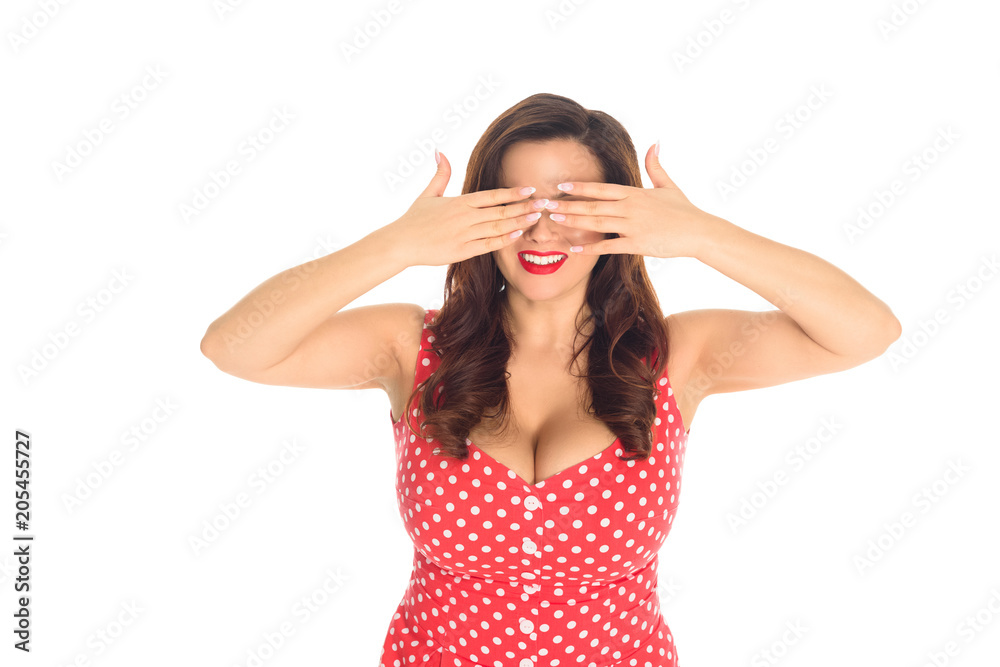 attractive plus size woman covering eyes with hands isolated on white
