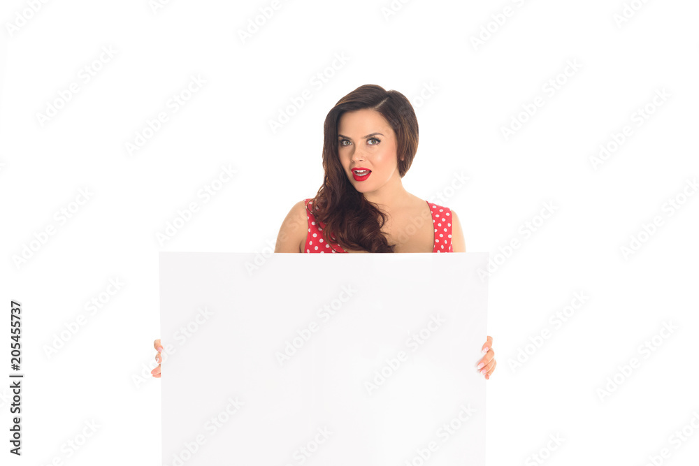 attractive plus size woman holding blank placard isolated on white attractive plus size woman holding blank placard isolated on white