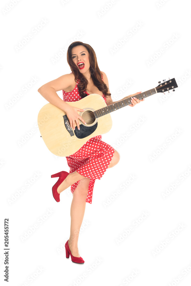 expressive plus size woman playing acoustic guitar isolated on white expressive plus size woman playing acoustic guitar isolated on white