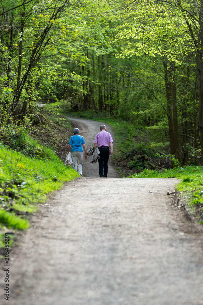 Älteres Ehepaar spaziert im Frühling durch den Wald
