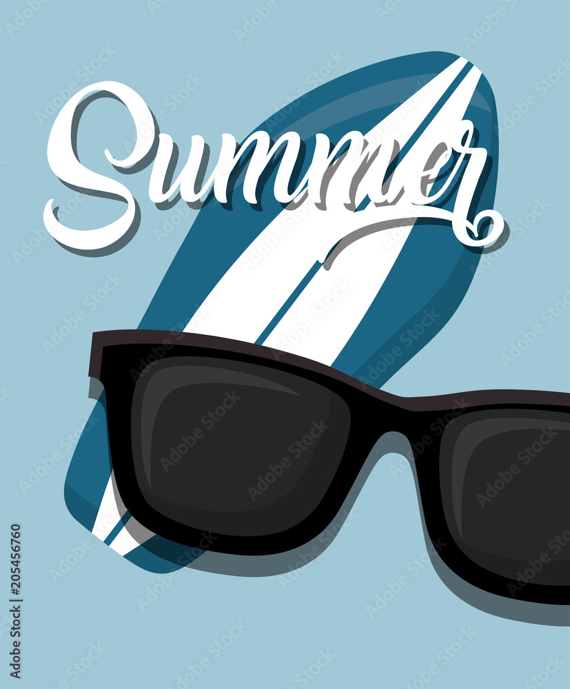 sunglasses and surfboard over blue background, colorful design. vector illustration