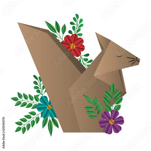 chipmunk origami paper with floral decoration vector illustration design